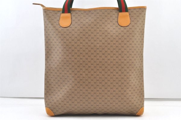 Authentic GUCCI Web Sherry Line Micro GG PVC Leather Tote Bag Brown 1278K Fashion