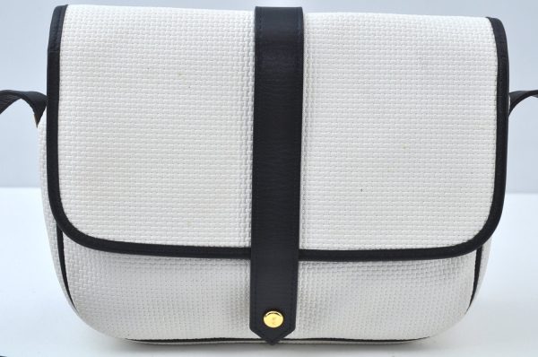 Auth YVES SAINT LAURENT Shoulder Cross Body Bag PVC Leather White Navy K9884 Hot on Sale