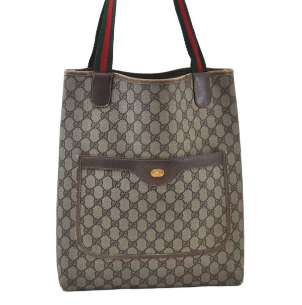 Authentic GUCCI Web Sherry Line Shoulder Tote Bag GG PVC Leather Brown K9932 Cheap