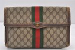 Authentic GUCCI Web Sherry Line Clutch Hand Bag GG PVC Leather Brown Junk 1263K For Cheap