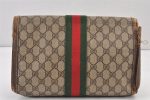 Authentic GUCCI Web Sherry Line Clutch Hand Bag GG PVC Leather Brown Junk 1263K For Cheap