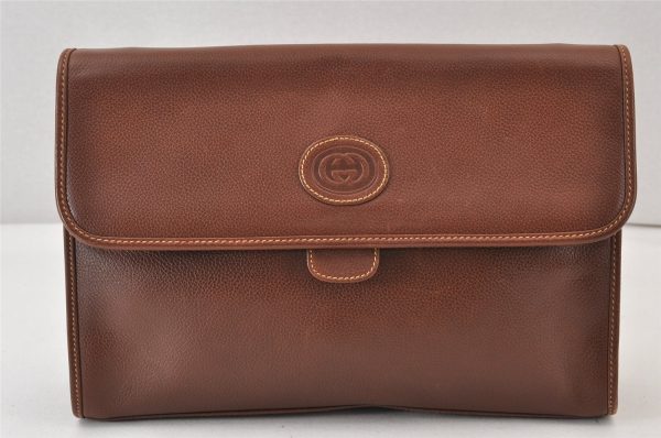 Authentic GUCCI Vintage Clutch Shoulder Bag Purse Leather Brown Junk 1272K Discount