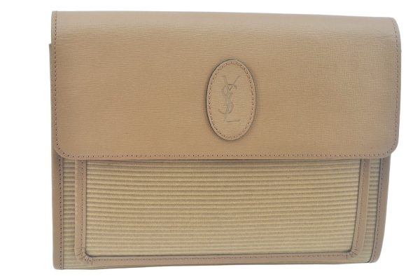 Authentic YVES SAINT LAURENT Clutch Hand Bag Purse PVC Leather Beige K9888 on Sale