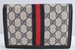 Authentic GUCCI Vintage Sherry Line Pouch Purse GG PVC Leather Navy Blue 1266K on Sale