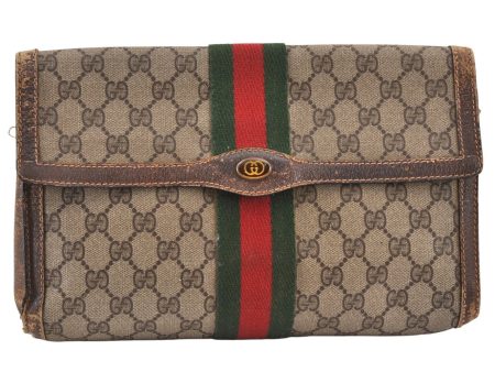 Authentic GUCCI Web Sherry Line Clutch Hand Bag GG PVC Leather Brown Junk 1263K For Cheap