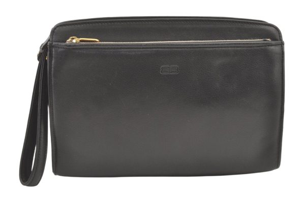 Authentic BALENCIAGA Vintage Clutch Hand Bag Purse Leather Black 1404K For Discount