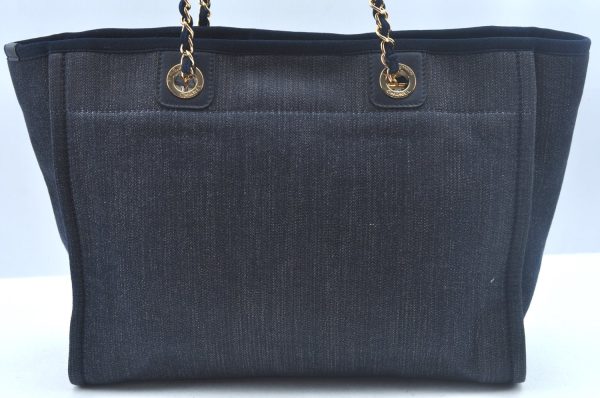 Authentic CHANEL Deauville Line CC Chain Shoulder Tote Bag Canvas Navy 1171J Online