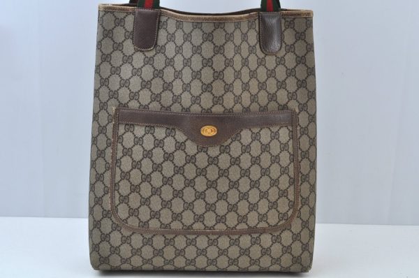 Authentic GUCCI Web Sherry Line Shoulder Tote Bag GG PVC Leather Brown K9932 Cheap