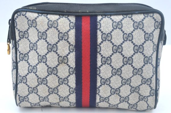 Authentic GUCCI Sherry Line Clutch Hand Bag Purse GG PVC Leather Navy Blue K9877 Cheap