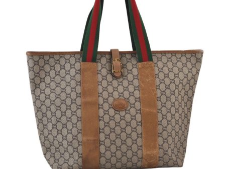 Authentic GUCCI Web Sherry Line Vintage GG Plus PVC Leather Tote Bag Brown 0956K Supply