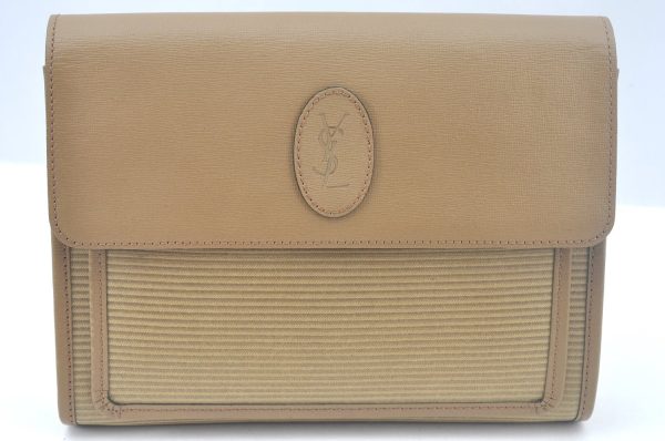 Authentic YVES SAINT LAURENT Clutch Hand Bag Purse PVC Leather Beige K9888 on Sale