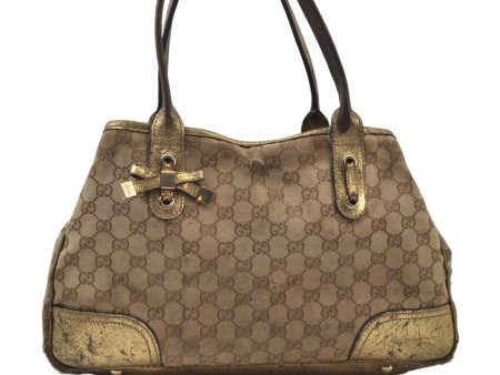 Auth GUCCI Sherry Line Princy Ribbon Tote Bag GG Canvas 163805 Brown Gold K9902 For Sale