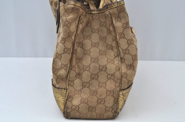 Auth GUCCI Sherry Line Princy Ribbon Tote Bag GG Canvas 163805 Brown Gold K9902 For Sale