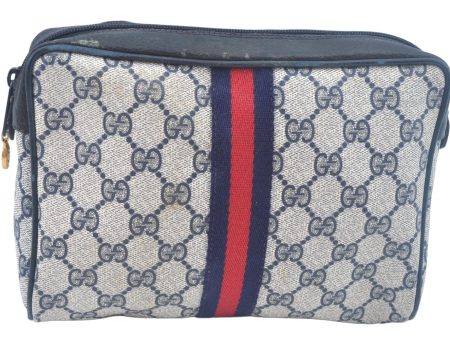 Authentic GUCCI Sherry Line Clutch Hand Bag Purse GG PVC Leather Navy Blue K9877 Cheap