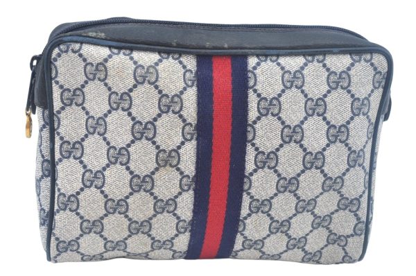 Authentic GUCCI Sherry Line Clutch Hand Bag Purse GG PVC Leather Navy Blue K9877 Cheap