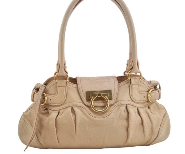 Authentic Salvatore Ferragamo Gancini Leather Shoulder Hand Bag Beige 1490K Online Sale