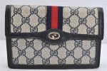 Authentic GUCCI Vintage Sherry Line Pouch Purse GG PVC Leather Navy Blue 1266K on Sale