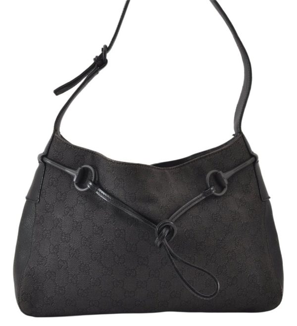 Authentic GUCCI Horsebit Shoulder Hand Bag GG Canvas Leather 101975 Black 1261K Online Hot Sale