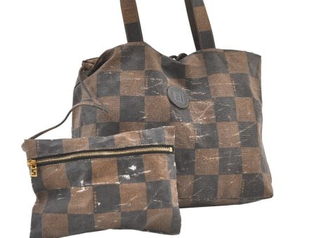 Authentic FENDI Vintage Pequin Check Tote Hand Bag PVC Leather Brown Black 0972K Sale