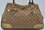 Auth GUCCI Sherry Line Princy Ribbon Tote Bag GG Canvas 163805 Brown Gold K9902 For Sale