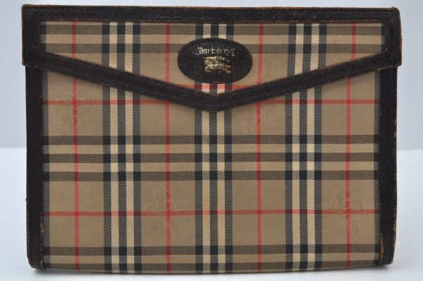 Authentic Burberrys Nova Check Canvas Pouch Purse Brown Beige L0088 For Sale