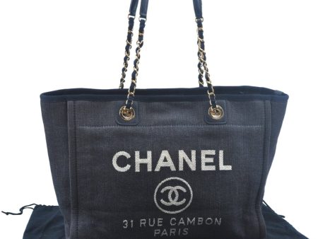 Authentic CHANEL Deauville Line CC Chain Shoulder Tote Bag Canvas Navy 1171J Online