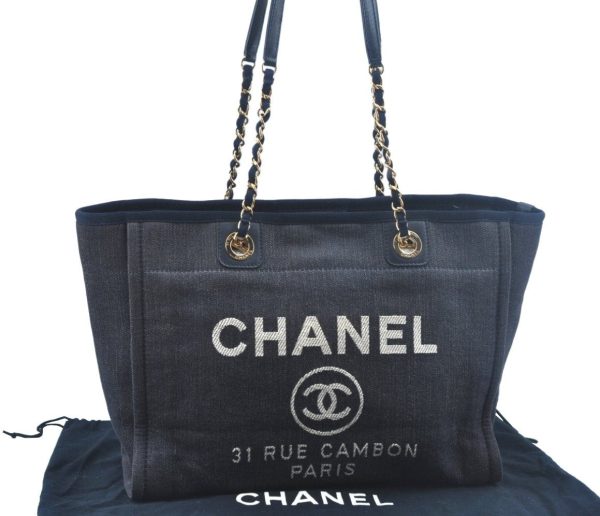 Authentic CHANEL Deauville Line CC Chain Shoulder Tote Bag Canvas Navy 1171J Online