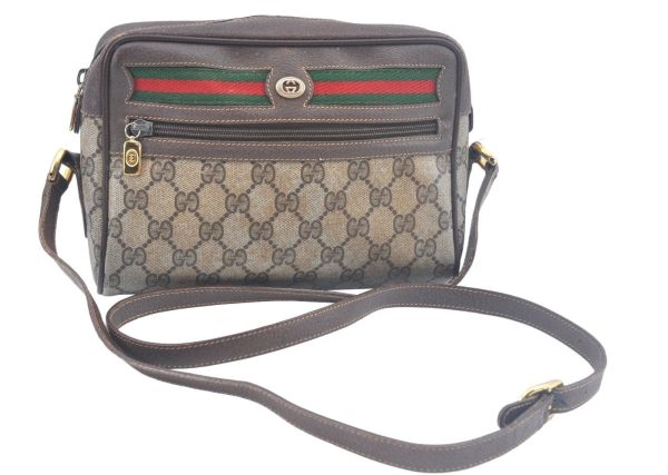 Authentic GUCCI Web Sherry Line Shoulder Cross Bag GG PVC Leather Brown K9913 Supply