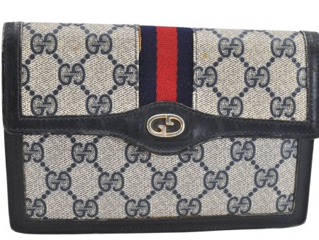 Authentic GUCCI Vintage Sherry Line Pouch Purse GG PVC Leather Navy Blue 1266K on Sale