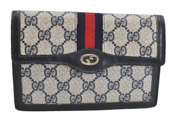 Authentic GUCCI Vintage Sherry Line Pouch Purse GG PVC Leather Navy Blue 1266K on Sale