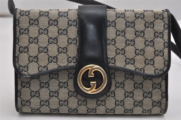 Authentic GUCCI Shoulder Cross Body Bag Purse GG Canvas Leather Navy Blue 1256K Supply