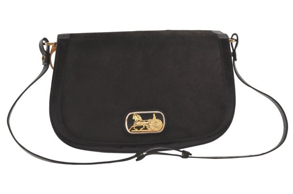 Authentic CELINE Horse Carriage Shoulder Hand Bag Suede Leather Black 1433K Discount