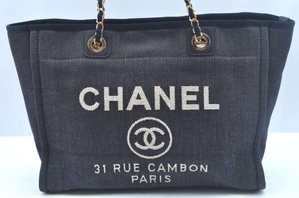 Authentic CHANEL Deauville Line CC Chain Shoulder Tote Bag Canvas Navy 1171J Online