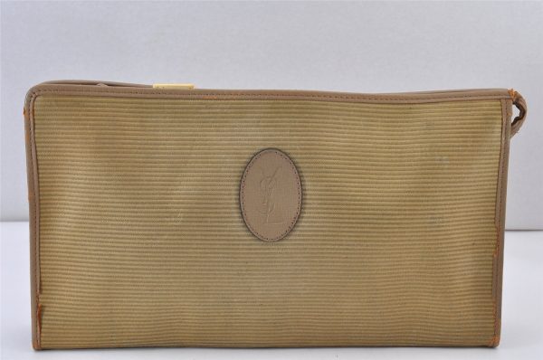 Authentic YVES SAINT LAURENT Clutch Hand Bag Purse PVC Leather Beige 1008K For Discount