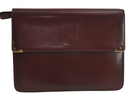 Authentic Cartier Must de Cartier Clutch Hand Bag Leather Bordeaux Red 6176J Online Sale