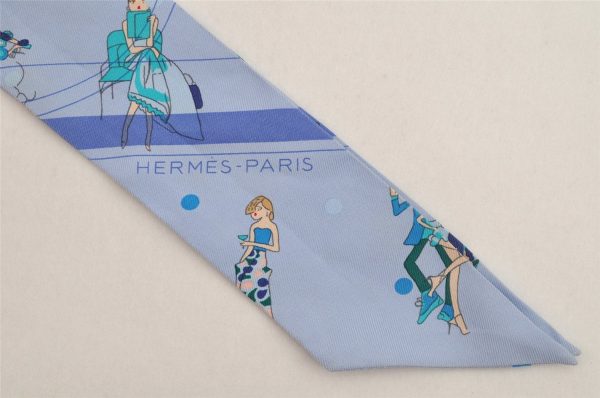 Authentic HERMES Twilly Scarf  Ex Libris Les Parisiennes  Silk Blue Box 9063J Fashion