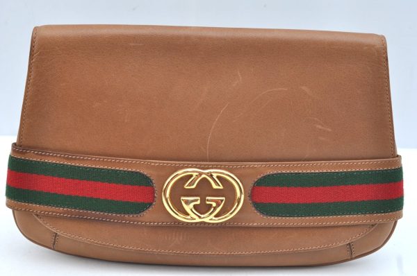 Authentic GUCCI Web Sherry Line Clutch Hand Bag Purse GG Leather Brown K9798 Sale