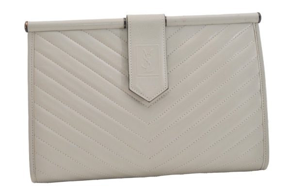 Authentic YVES SAINT LAURENT Vintage Clutch Hand Bag Purse Leather White 6148J Online now