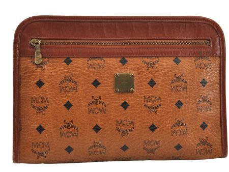 Authentic MCM Visetos Leather Vintage Clutch Hand Bag Purse Brown 6229J Discount