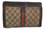 Authentic GUCCI Web Sherry Line Clutch Hand Bag GG PVC Leather Brown Junk 0488K Online Sale