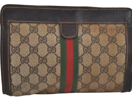 Authentic GUCCI Web Sherry Line Clutch Hand Bag GG PVC Leather Brown Junk 0488K Online Sale