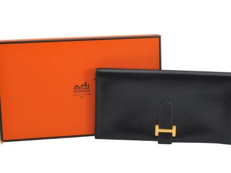 Authentic HERMES Bearn Classic Leather Long Wallet Purse Black Box 0753K Cheap