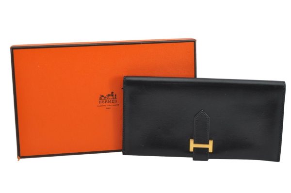 Authentic HERMES Bearn Classic Leather Long Wallet Purse Black Box 0753K Cheap