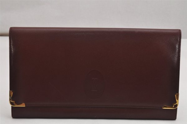 Authentic Cartier Must de Cartier Clutch Bag Leather Bordeaux Red Box 0200K Supply