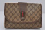 Authentic GUCCI Web Sherry Line Clutch Hand Bag GG PVC Leather Brown Junk 6848J For Cheap