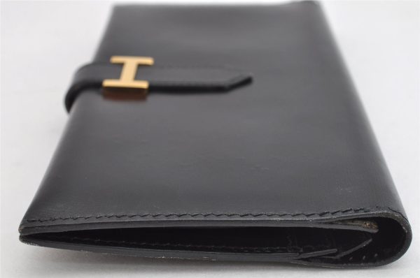 Authentic HERMES Bearn Classic Leather Long Wallet Purse Black Box 0753K Cheap