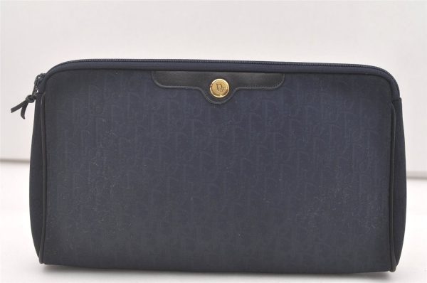 Authentic Christian Dior Trotter Clutch Bag Purse Canvas Leather Navy Blue 7759J For Sale