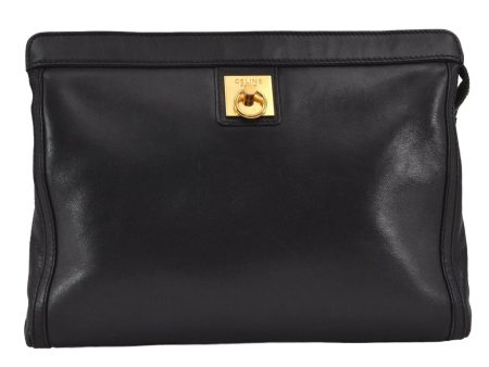 Authentic CELINE Vintage Clutch Hand Bag Purse Leather Black 8301J Online now