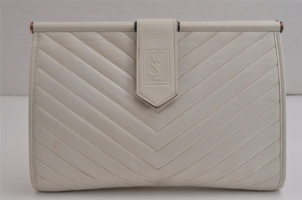 Authentic YVES SAINT LAURENT Vintage Clutch Hand Bag Purse Leather White 0206K Supply