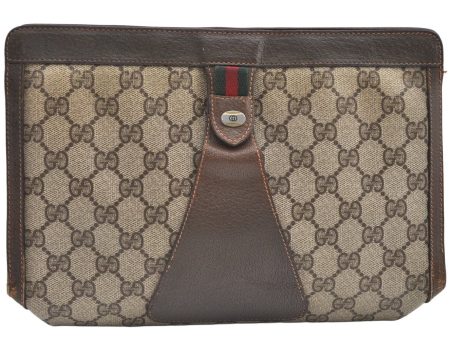 Authentic GUCCI Web Sherry Line Clutch Hand Bag Purse GG PVC Leather Brown 9311J Fashion